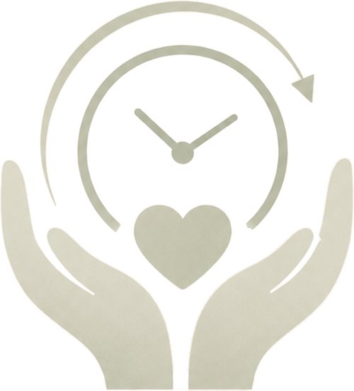Zwei Hände halten ein Herz, darüber ist eine Uhr mit Pfeil im Uhrzeigersinn