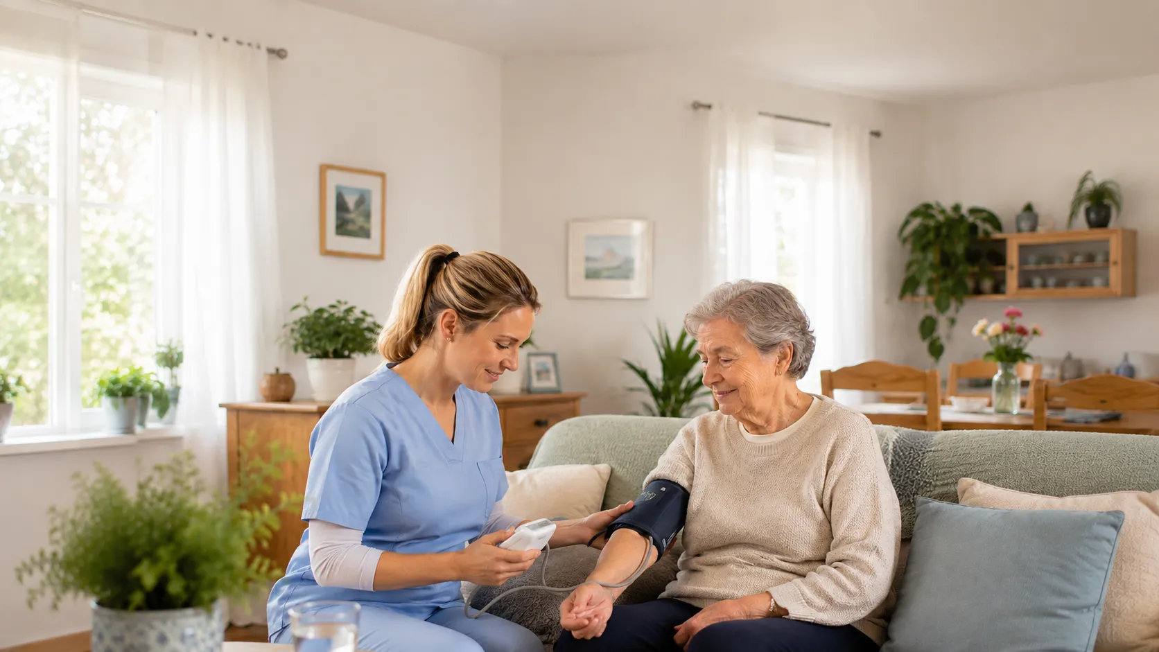 Pflegerin misst bei einer Patientin den Blutdruck im Rahmen der ambulanten Pflege zu Hause