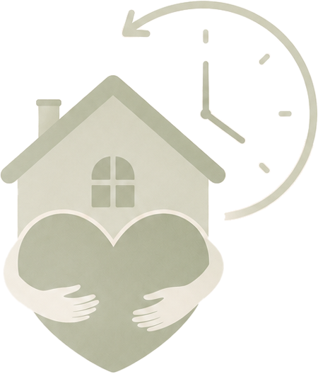 Haus hält ein Herz in zwei Händen, daneben eine Uhr