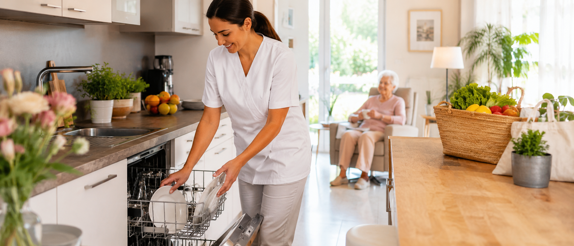 Hauswirtschaftskraft räumt die Spülmaschine bei einer Patientin zu Hause aus