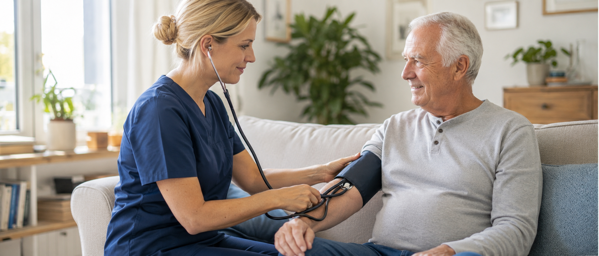 Pflegefachkraft misst den Blutdruck bei einem Patienten