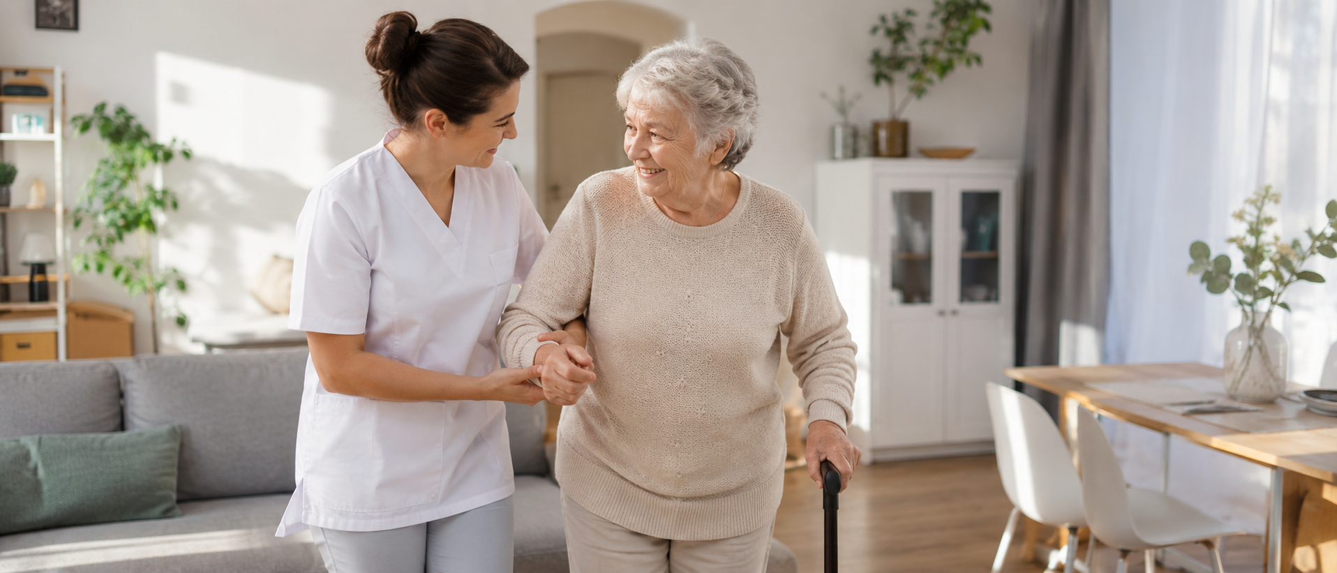 Pflegehilfskraft unterstützt eine Patientin beim Laufen